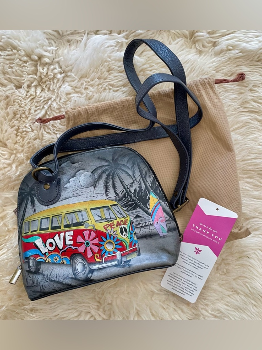 Anna by Anuschka Hand Painted Happy Camper Crossbody Purse